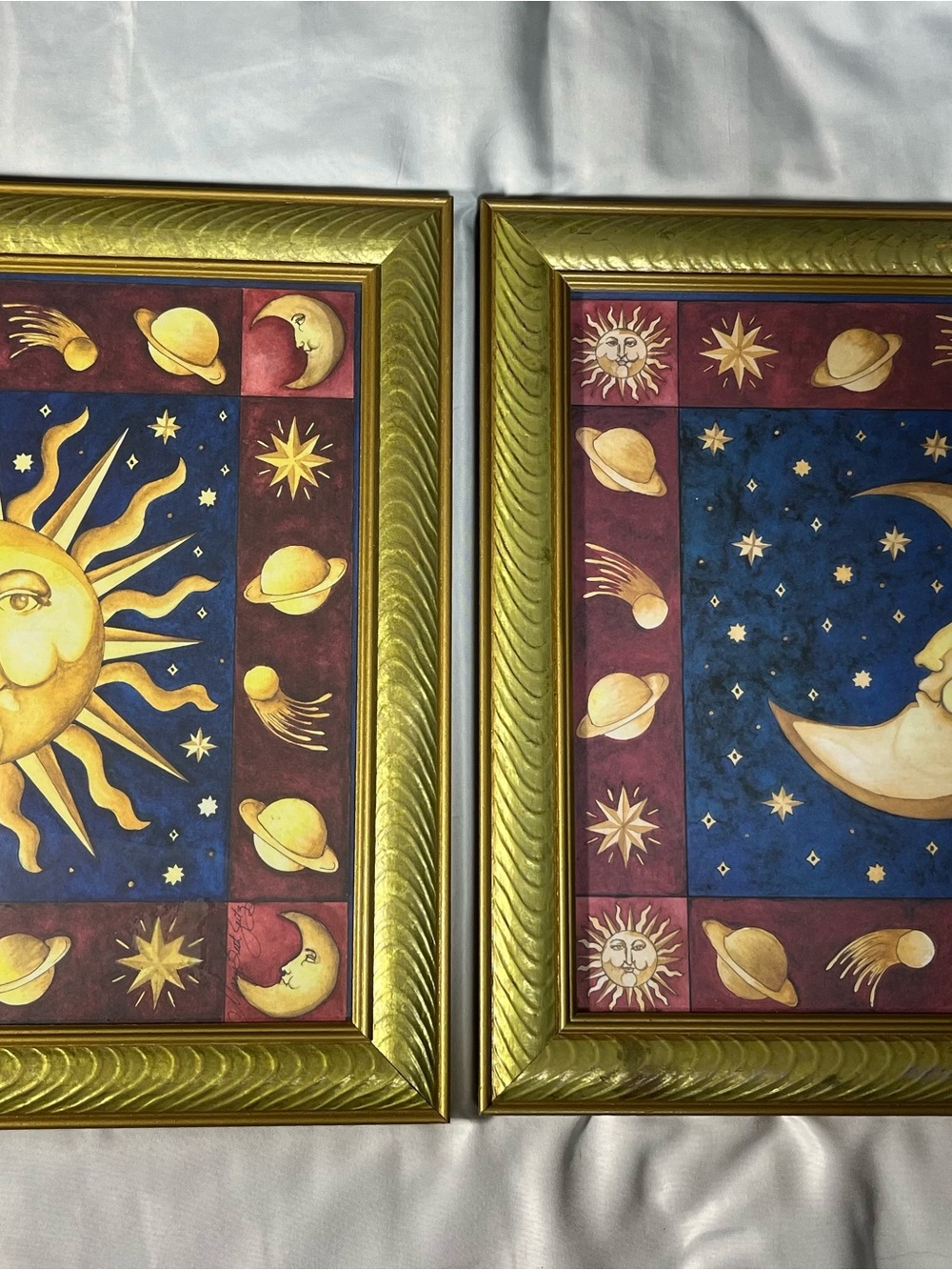 Vintage 90s Mary Beth Zeity Celestial Moon And Sun Print Set 2 Framed Gold